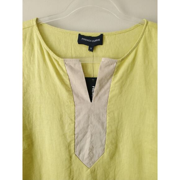 Yellow Beige Linen Short Sleeve Shift Mini Dress M Scandi Neutral Coastal NEW - Picture 2 of 10